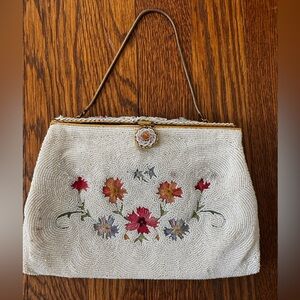 Vintage Ivory Beaded Floral Evening Bag